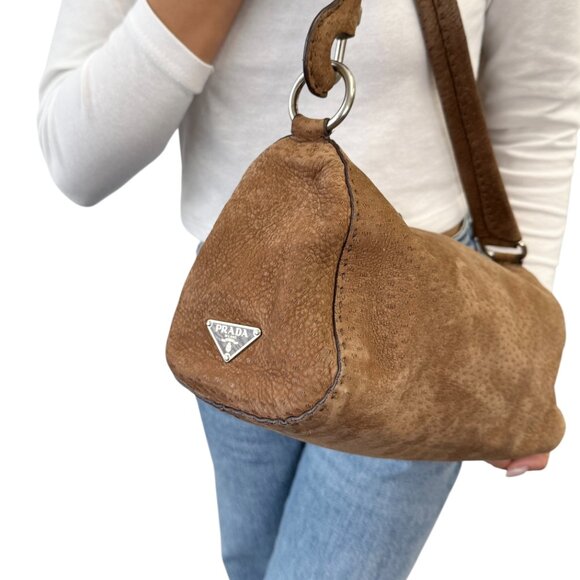 PRADA Vintage Triangle Logo One Shoulder Bag Textured Suede Leather [106467] - Picture 4 of 13